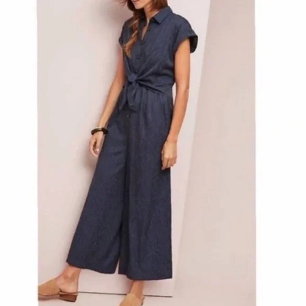 Anthropologie Ett:twa Navy Blue Tie-Front Wide Leg Jumpsuit Size 4 - Picture 3 of 10